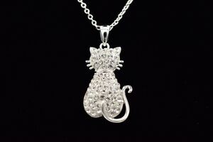 JCM Brass Crystal Cat Pendant Necklace White Rhinestone Silver Tone Shiny Bin2